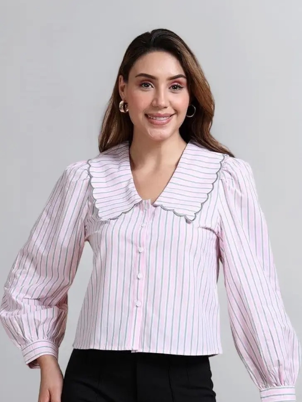 Primark Pink and White Striped Scallop Collar Button Down Shirt
